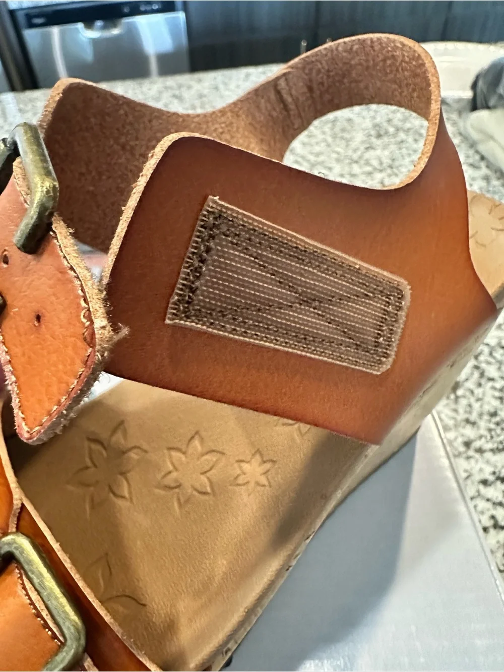 Skechers Luxe Foam Cork Wedge Sandals Chestnut Double Buckle